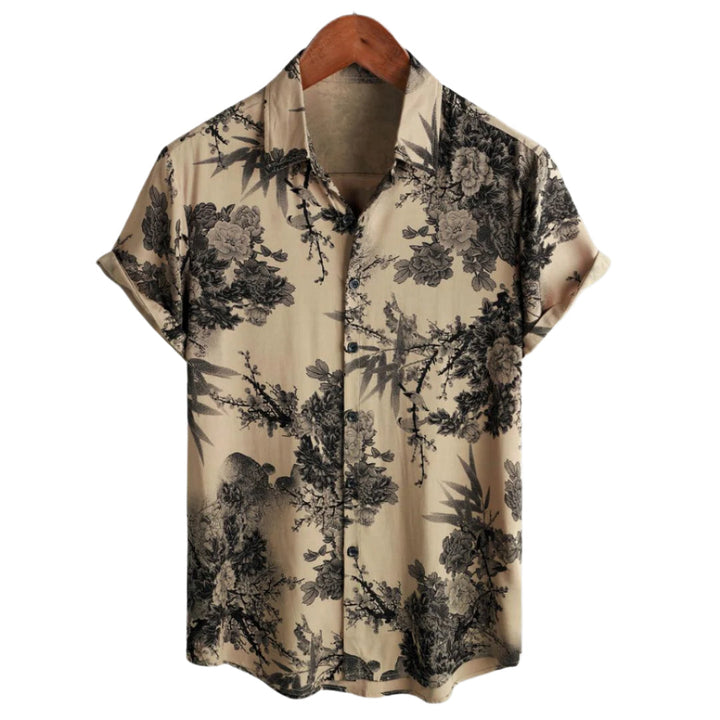 "Herrblom T-shirt med korta ärmar, blommigt mönster, lätt och stretchigt tyg, idealisk för vardag och avkoppling."