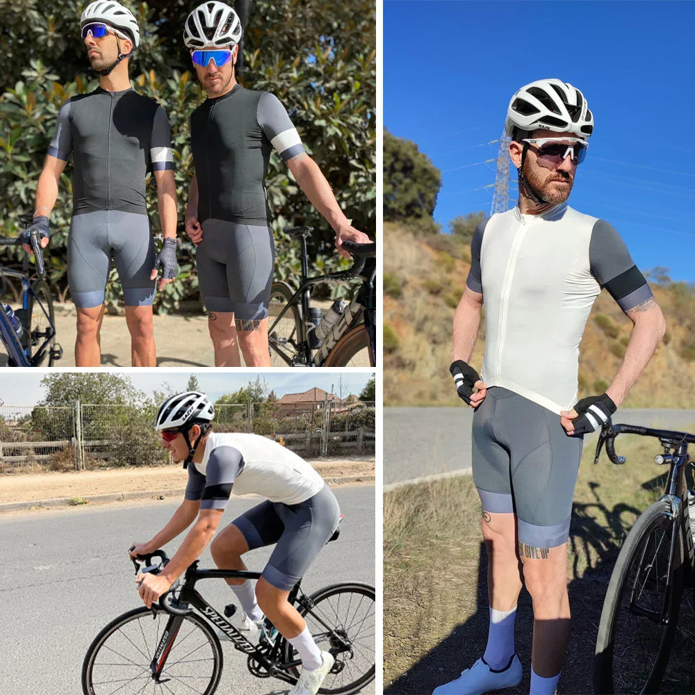 "Herrcykelbyxor i Lycra med elastiska hängslen, dämpning och reflekterande detaljer för långdistanscykling."