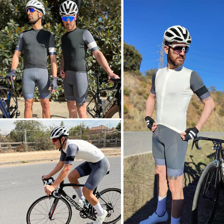 "Herrcykelbyxor i Lycra med elastiska hängslen, dämpning och reflekterande detaljer för långdistanscykling."