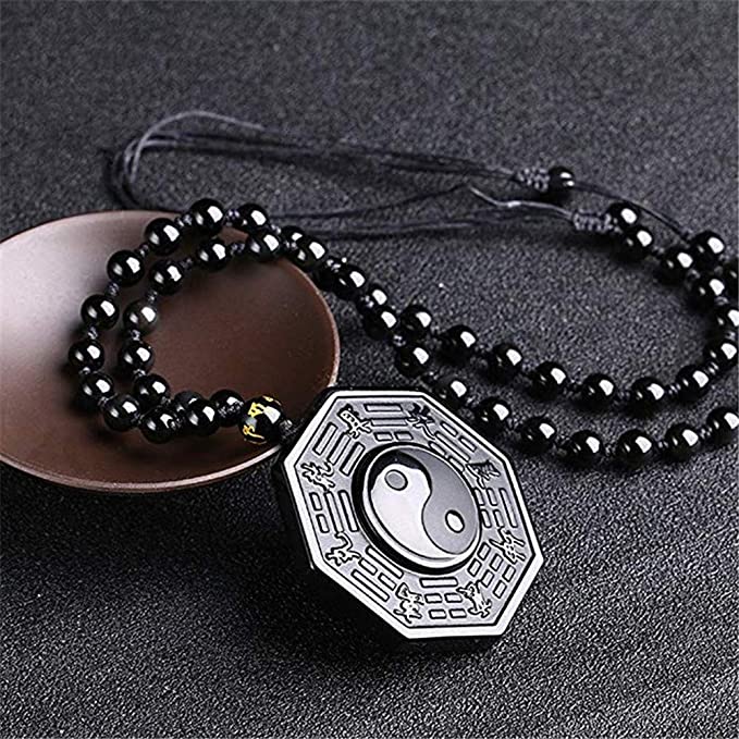 Herrens Yin Yang Halsband i svart obsidian med mantrapärla, elegant design som främjar balans och inre frid.