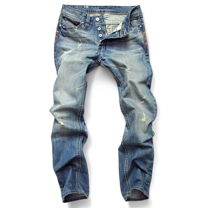 "Herrens klassiska denim jeans i mjuk bomull, tidlös stil, framficka, slitstark, modern passform."