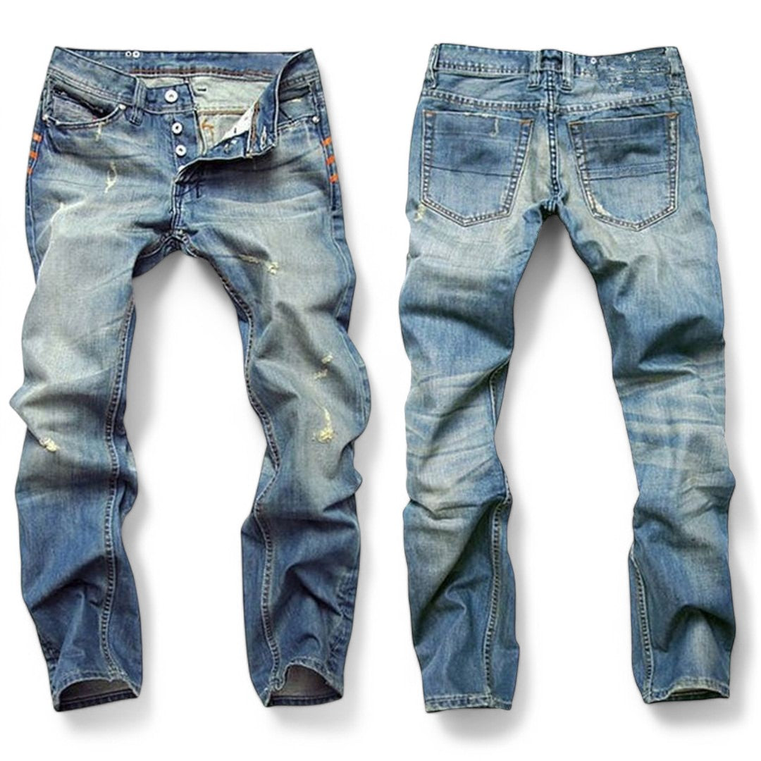 "Herrens klassiska denim jeans i mjuk bomull, tidlös stil, framficka, slitstark, modern passform."