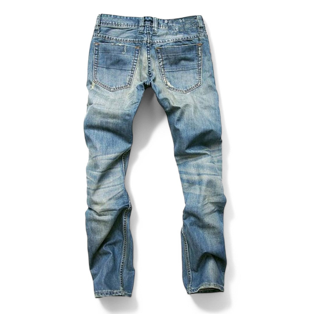 "Herrens klassiska denim jeans i mjuk bomull, tidlös stil, framficka, slitstark, modern passform."