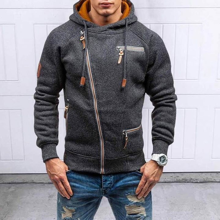 "Herrens långärmad hoodie med termiskt fleecefoder, sportig huva, enkel färg, mjuk bomull."