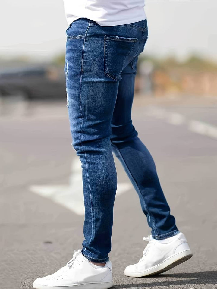 "Herrens ripped stretch jeans med slitna detaljer, trendig stil, kombinerar komfort och modern design, perfekt för casual loo