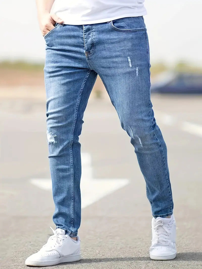 "Herrens ripped stretch jeans med slitna detaljer, trendig stil, kombinerar komfort och modern design, perfekt för casual loo