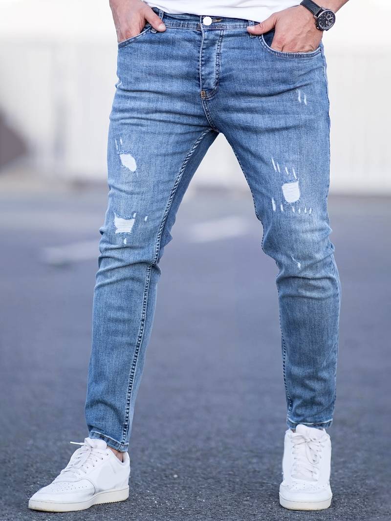 "Herrens ripped stretch jeans med slitna detaljer, trendig stil, kombinerar komfort och modern design, perfekt för casual loo