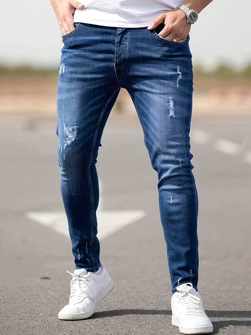 "Herrens ripped stretch jeans med slitna detaljer, trendig stil, kombinerar komfort och modern design, perfekt för casual loo