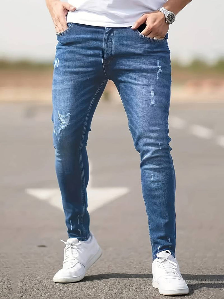"Herrens ripped stretch jeans med slitna detaljer, trendig stil, kombinerar komfort och modern design, perfekt för casual loo
