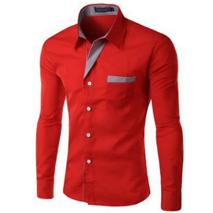 "Herrens slim fit långärmad bomullsskjorta, elegant design med accentdetaljer på krage och ärmar, perfekt för alla tillfällen