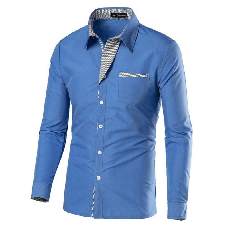 "Herrens slim fit långärmad bomullsskjorta, elegant design med accentdetaljer på krage och ärmar, perfekt för alla tillfällen