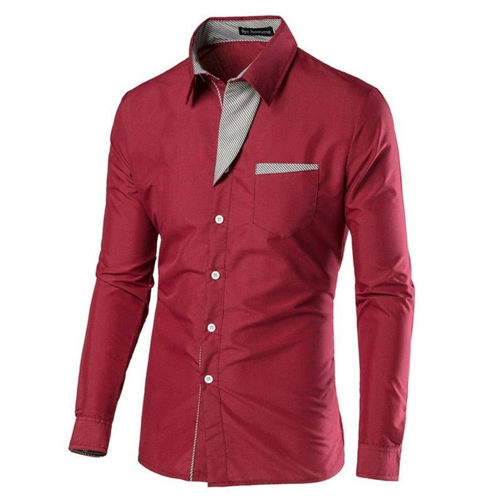 "Herrens slim fit långärmad bomullsskjorta, elegant design med accentdetaljer på krage och ärmar, perfekt för alla tillfällen