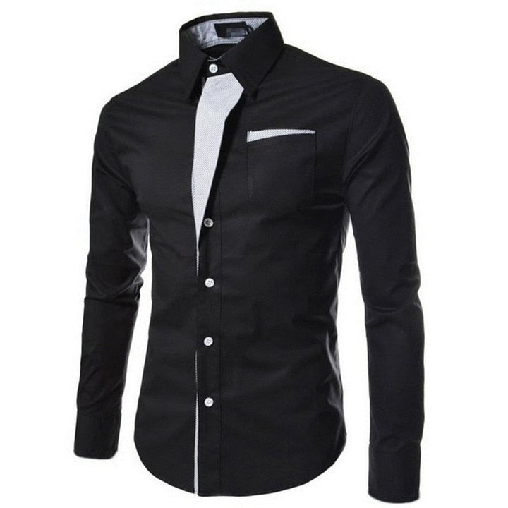 "Herrens slim fit långärmad bomullsskjorta, elegant design med accentdetaljer på krage och ärmar, perfekt för alla tillfällen