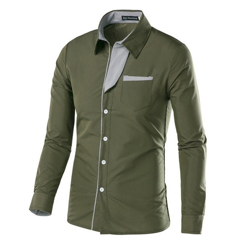 "Herrens slim fit långärmad bomullsskjorta, elegant design med accentdetaljer på krage och ärmar, perfekt för alla tillfällen
