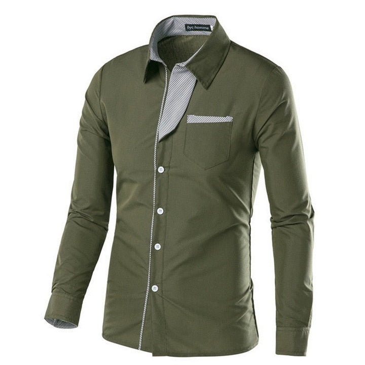 "Herrens slim fit långärmad bomullsskjorta, elegant design med accentdetaljer på krage och ärmar, perfekt för alla tillfällen