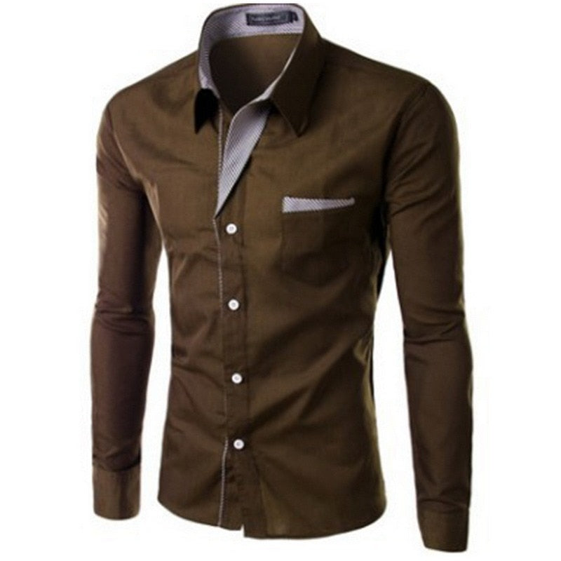 "Herrens slim fit långärmad bomullsskjorta, elegant design med accentdetaljer på krage och ärmar, perfekt för alla tillfällen