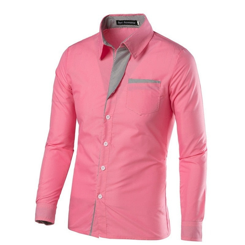 "Herrens slim fit långärmad bomullsskjorta, elegant design med accentdetaljer på krage och ärmar, perfekt för alla tillfällen