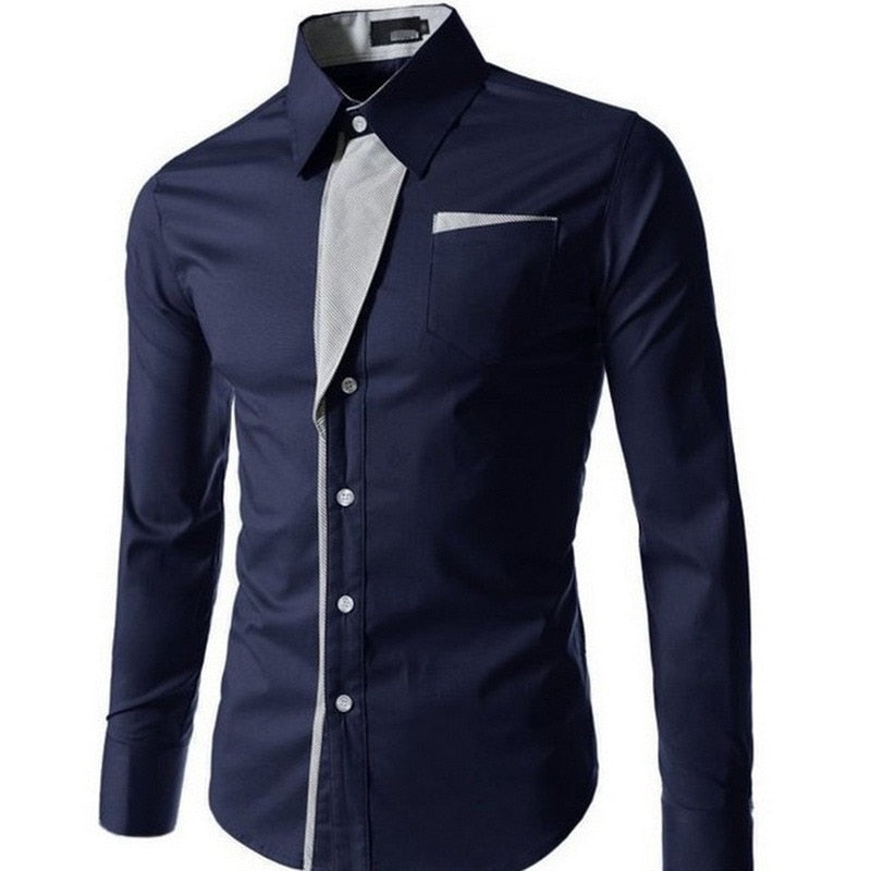 "Herrens slim fit långärmad bomullsskjorta, elegant design med accentdetaljer på krage och ärmar, perfekt för alla tillfällen