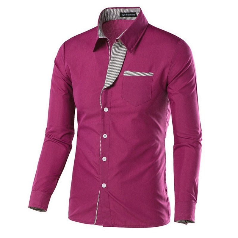 "Herrens slim fit långärmad bomullsskjorta, elegant design med accentdetaljer på krage och ärmar, perfekt för alla tillfällen