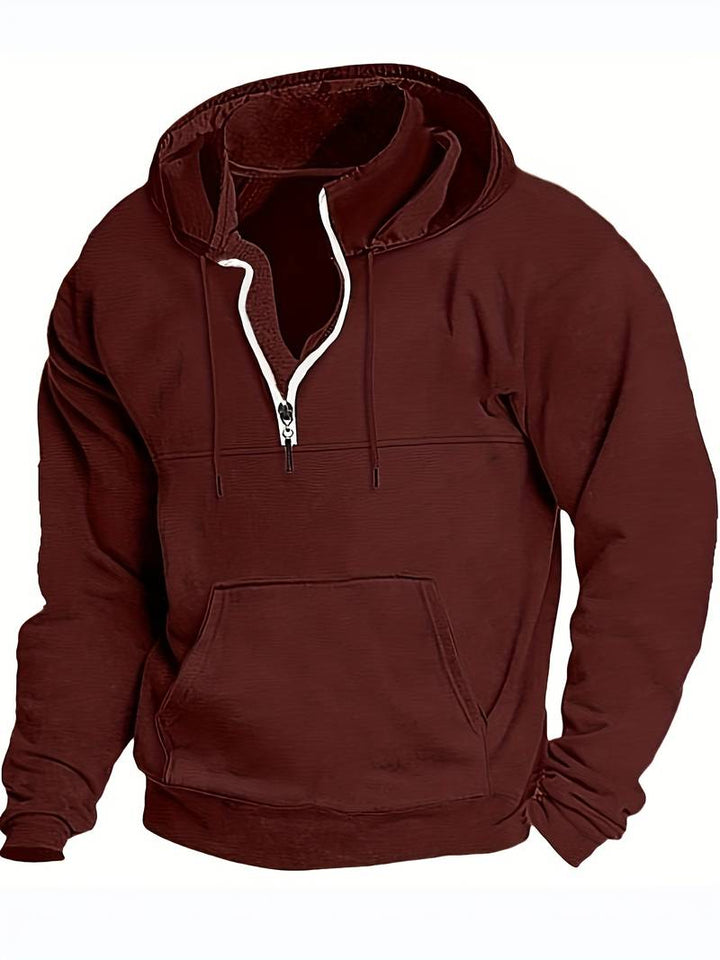 "Herrhoodie i bomull, burgund. Elegant och bekväm för fritid och aktiviteter. Tidlös stil, trendiga färger."