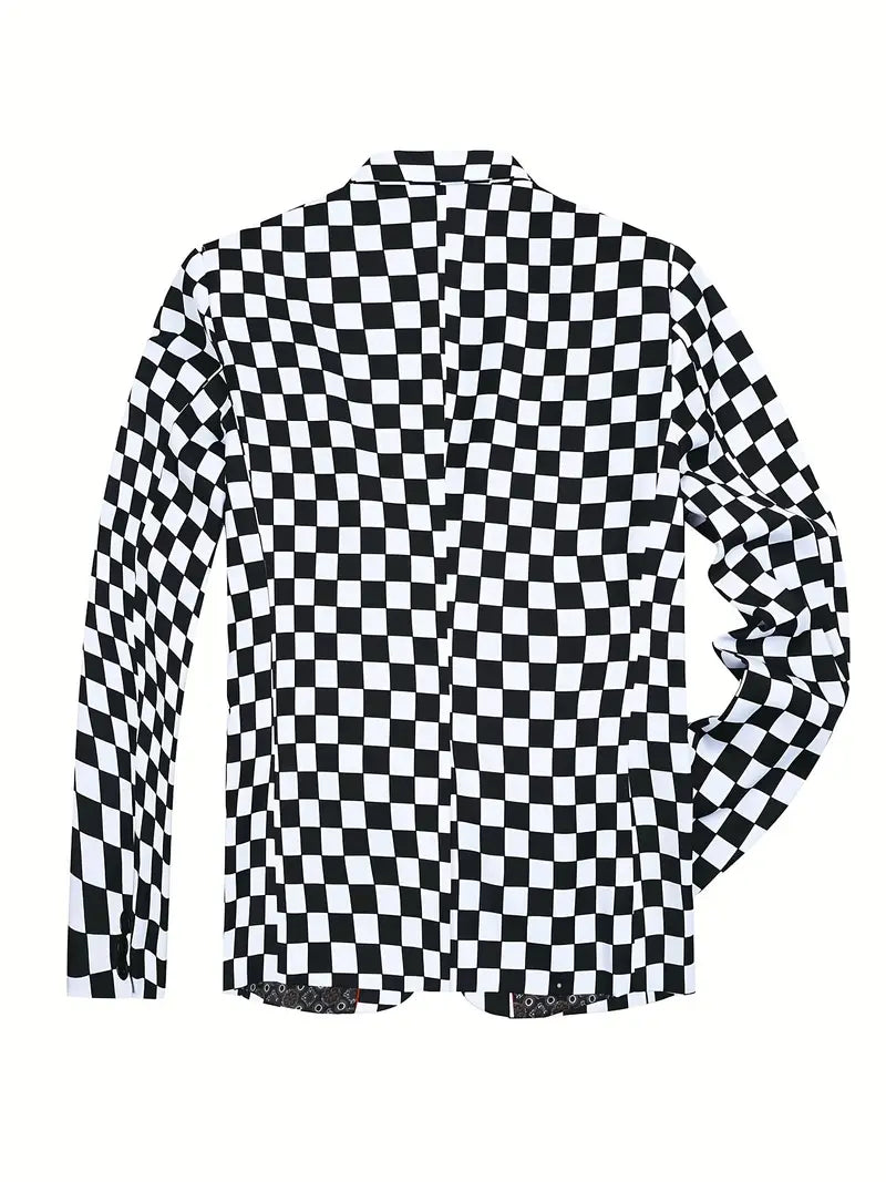 "Herrkostymjacka med schackbrädsmönster i polyester och bomull, stilfull och modern design för formella tillfällen."