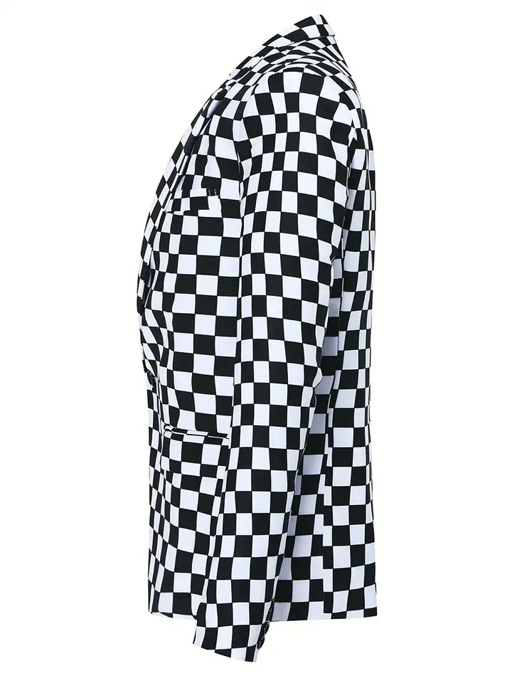 "Herrkostymjacka med schackbrädsmönster i polyester och bomull, stilfull och modern design för formella tillfällen."