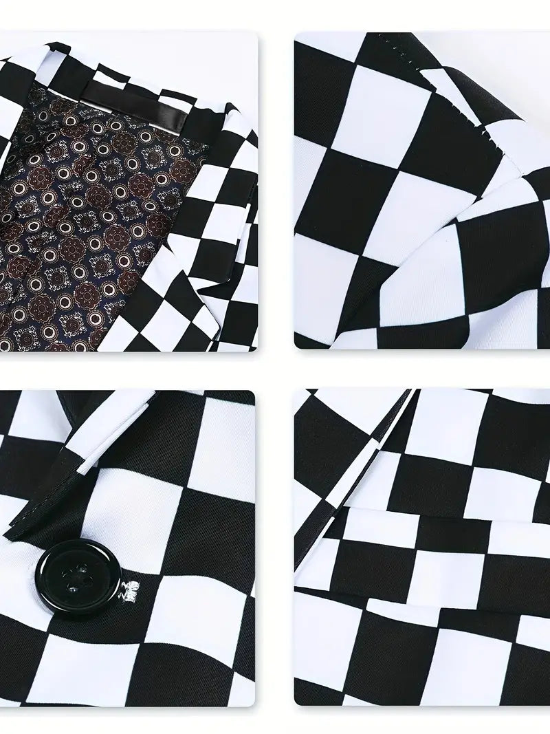 "Herrkostymjacka med schackbrädsmönster i polyester och bomull, stilfull och modern design för formella tillfällen."