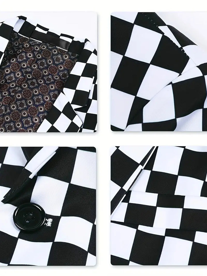 "Herrkostymjacka med schackbrädsmönster i polyester och bomull, stilfull och modern design för formella tillfällen."
