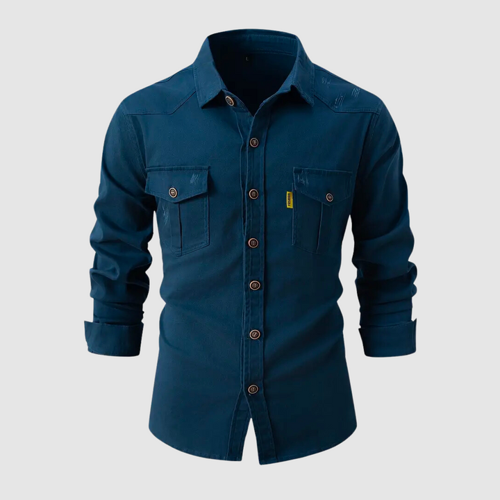 "Herrskjorta casual worker stil med funktionella fickor, mjuk bomull, rakt snitt, två bröstfickor, modern design"