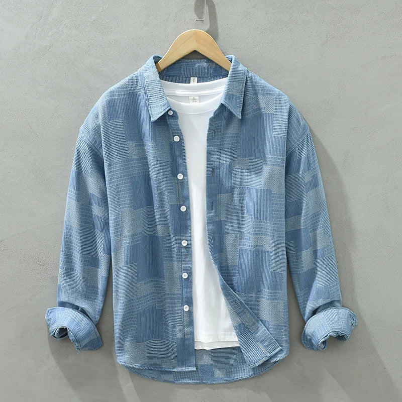 "Herrskjorta i färgglad patchwork-design med bomull, polyester, långärmad, modern stil, lämplig för alla tillfällen."