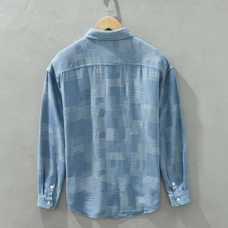 "Herrskjorta i färgglad patchwork-design med bomull, polyester, långärmad, modern stil, lämplig för alla tillfällen."