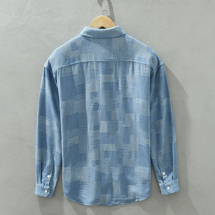 "Herrskjorta i färgglad patchwork-design med bomull, polyester, långärmad, modern stil, lämplig för alla tillfällen."