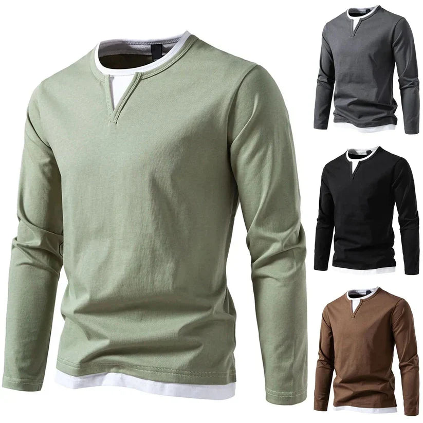 "Herrskjorta med lång ärmar och kontrasterande halsringning, bilden visar skjortans frontvy i en elegant stil."