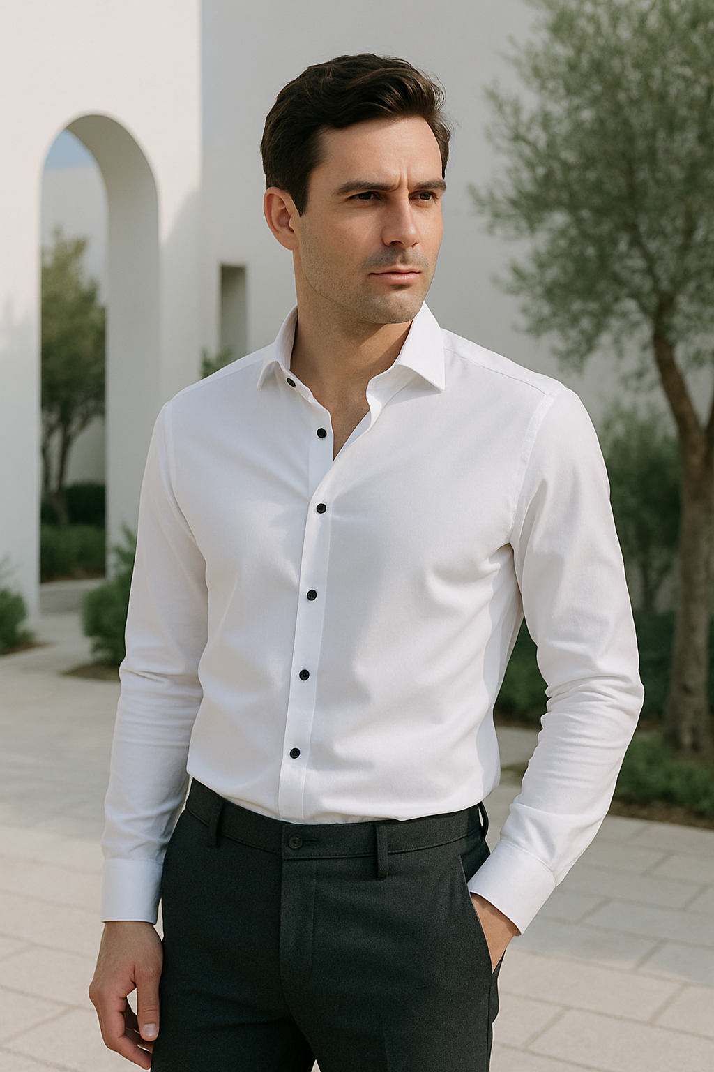 Herrskjorta slim fit vit stretch, spetsig krage, idealisk för smart casual; stilren och bekväm med lättskött tyg.