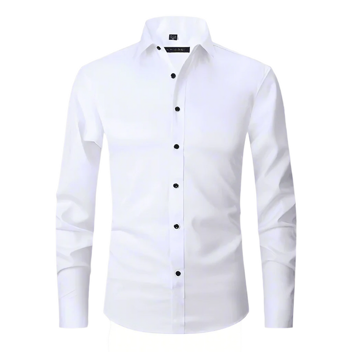 Herrskjorta slim fit vit stretch, spetsig krage, idealisk för smart casual; stilren och bekväm med lättskött tyg.