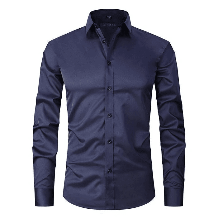 Herrskjorta slim fit vit stretch, spetsig krage, idealisk för smart casual; stilren och bekväm med lättskött tyg.
