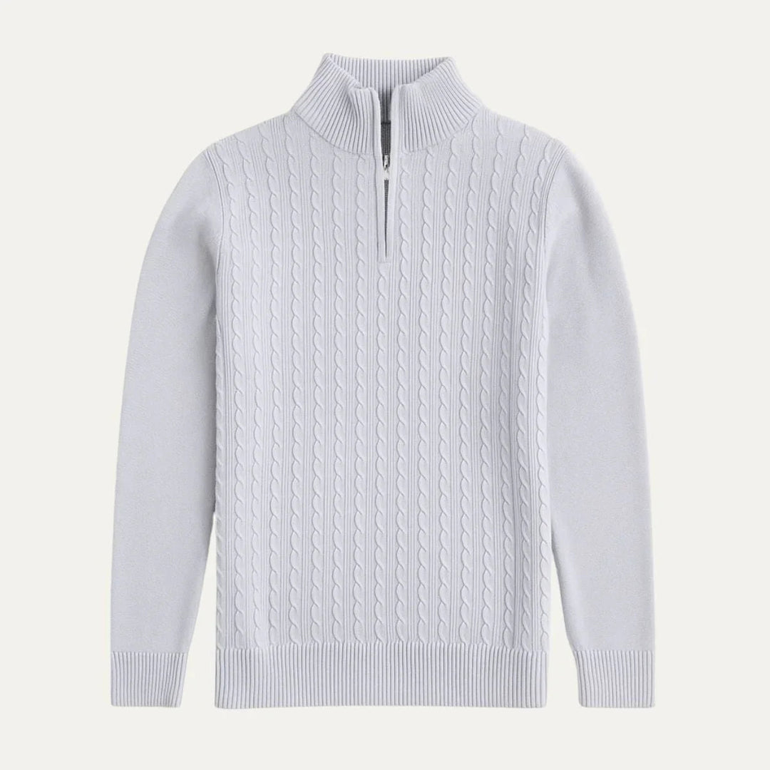 "Herrtröja i merinoull med halv dragkedja, elegant design, mörkgrå färg, perfekt för stil och komfort."