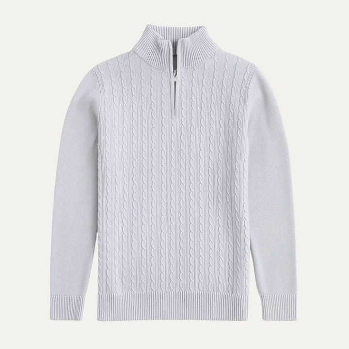"Herrtröja i merinoull med halv dragkedja, elegant design, mörkgrå färg, perfekt för stil och komfort."