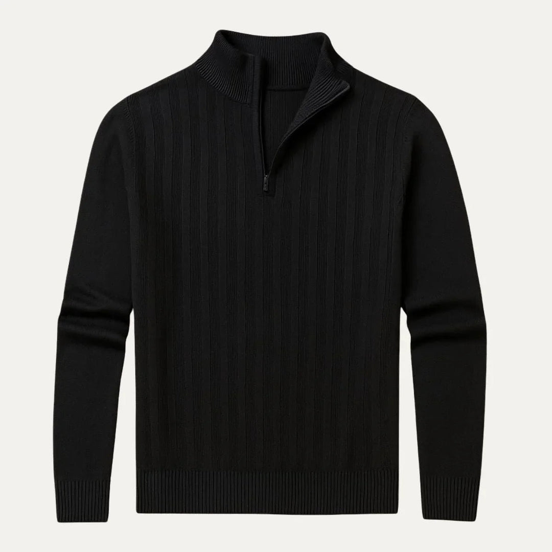 "Herrtröja i merinoull med halv dragkedja, elegant design, mörkgrå färg, perfekt för stil och komfort."