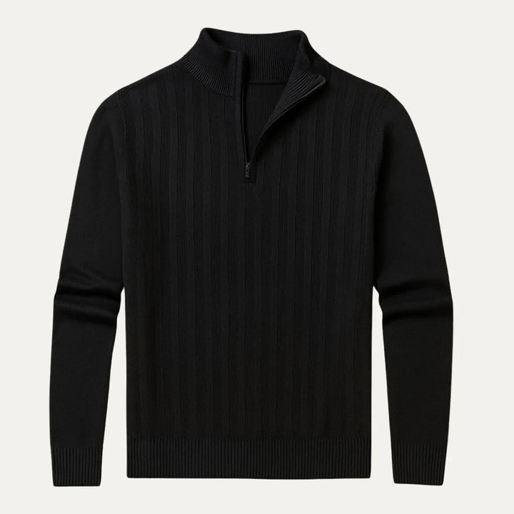 "Herrtröja i merinoull med halv dragkedja, elegant design, mörkgrå färg, perfekt för stil och komfort."