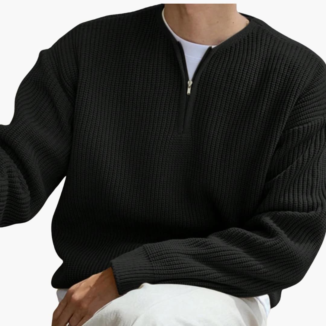 "Herrtröja med halvzip, stickad design och långa ärmar i modern stil, perfekta för både vardag och formella händelser."