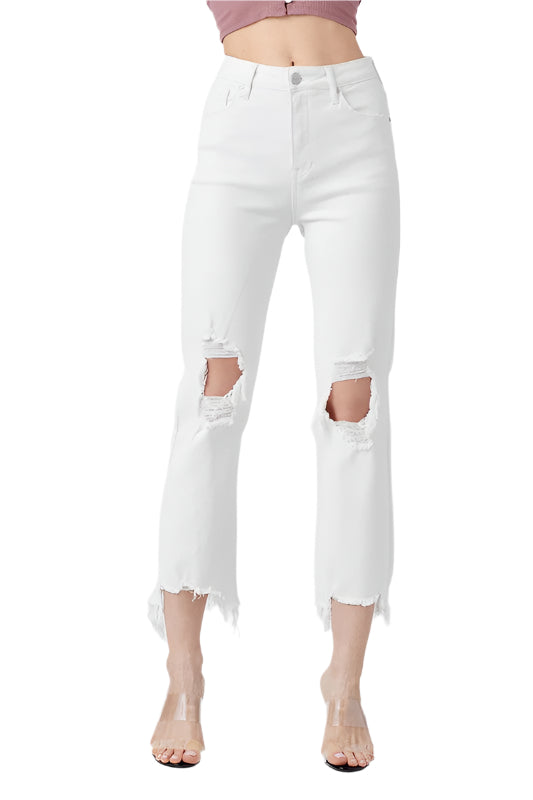 "Höga raka cropped jeans i vit bomull för kvinnor, framifrån med hög midja och raka ben för stilren look"