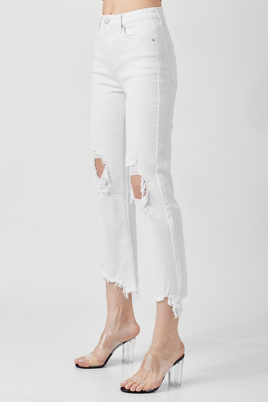 "Höga raka cropped jeans i vit bomull för kvinnor, framifrån med hög midja och raka ben för stilren look"