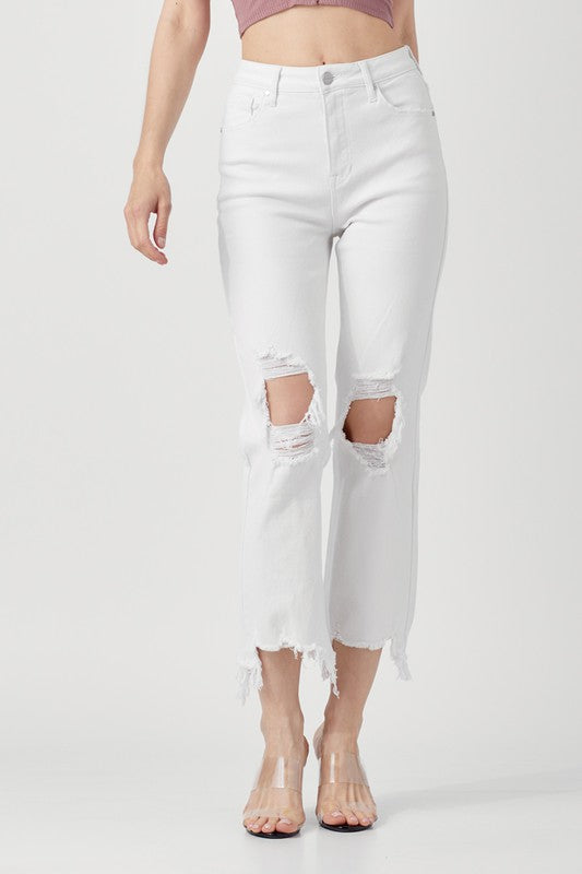 "Höga raka cropped jeans i vit bomull för kvinnor, framifrån med hög midja och raka ben för stilren look"