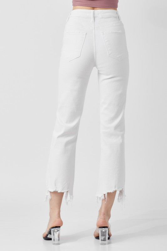 "Höga raka cropped jeans i vit bomull för kvinnor, framifrån med hög midja och raka ben för stilren look"