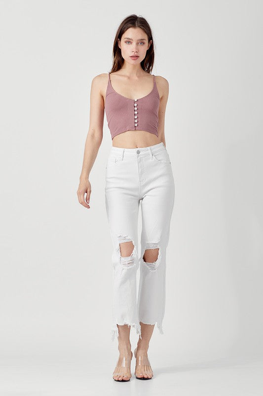 "Höga raka cropped jeans i vit bomull för kvinnor, framifrån med hög midja och raka ben för stilren look"