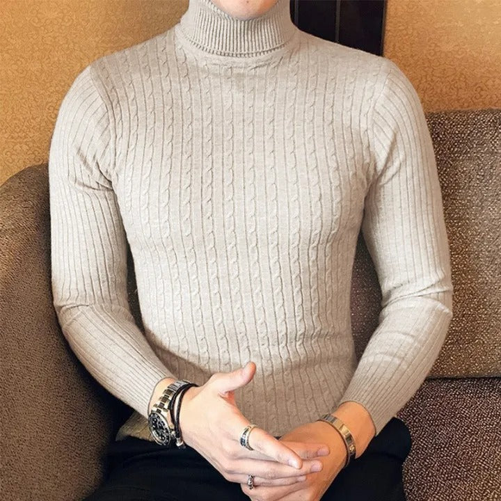 "Höghalsad herrulltröja i grått, turtleneck, tidlös design, varm och bekväm för vinterstil och komfort."