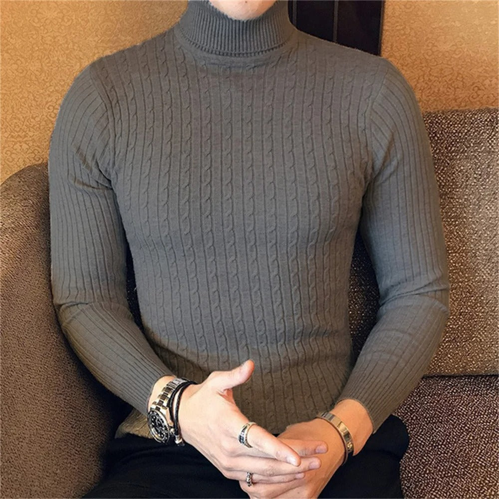 "Höghalsad herrulltröja i grått, turtleneck, tidlös design, varm och bekväm för vinterstil och komfort."