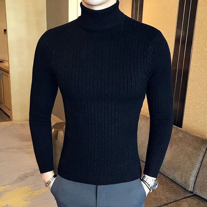 "Höghalsad herrulltröja i grått, turtleneck, tidlös design, varm och bekväm för vinterstil och komfort."