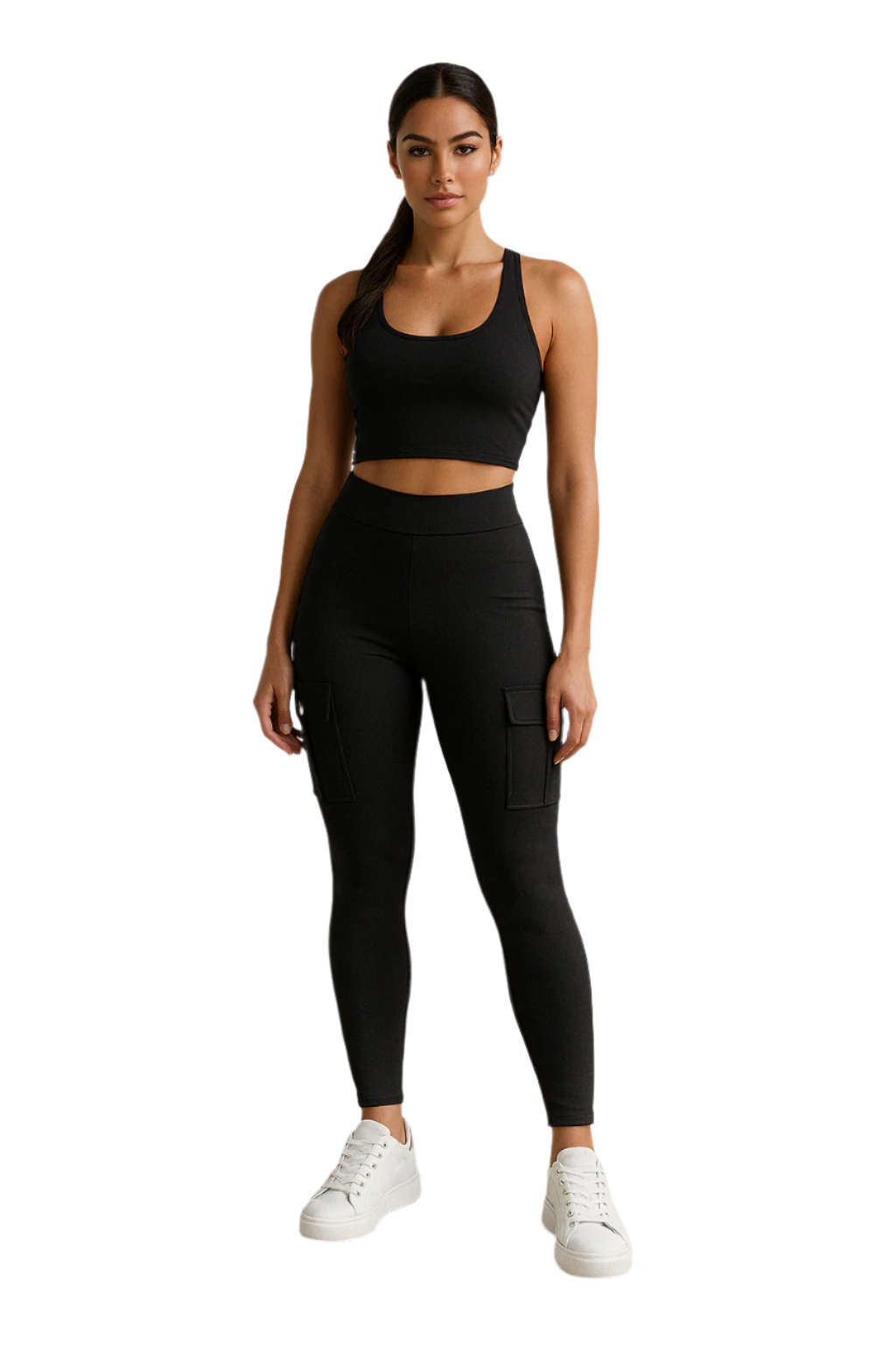 "Högmidjade damcargo byxor med slim fit, stretchmaterial, funktionella fickor, modern och smickrande design."